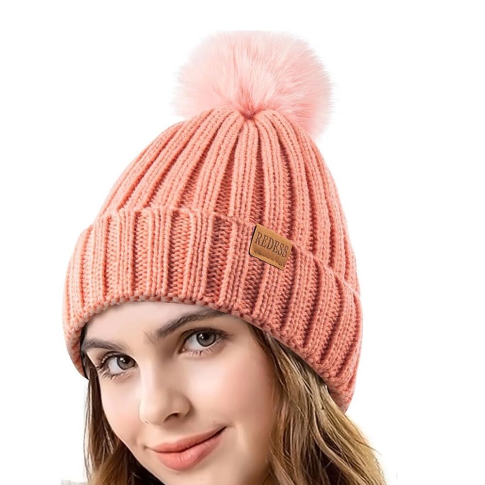 New Several Colors REDESS Winter Knitted Beanie Hat Fleece Lined Pompom Hat